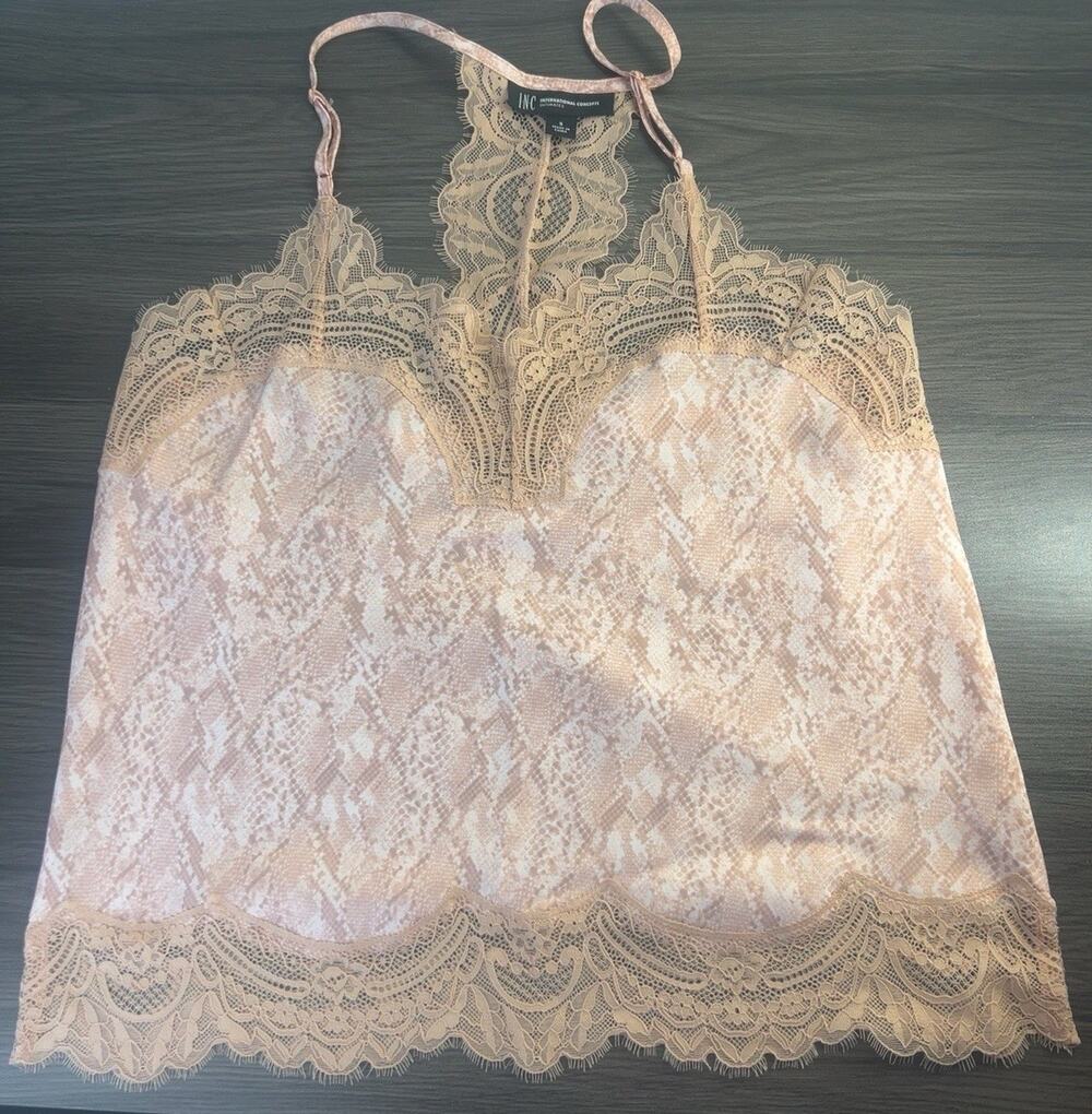 INC International Concepts S Lace Racerback Cami Top Snakeskin Print Blush Tan